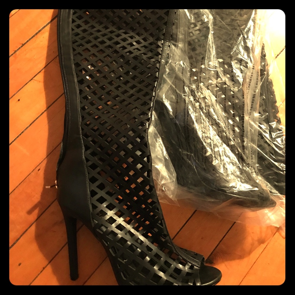 Over the knee laser cut open toe black boots